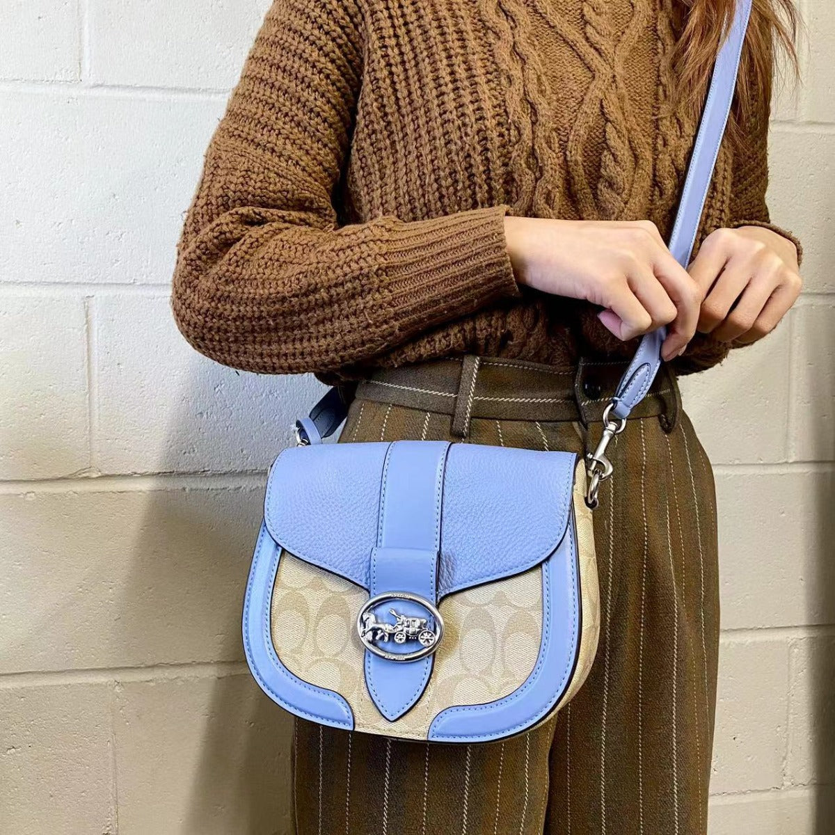 Coach C2806 Georgie Saddle Bag In Signature Canvas In Light Khaki/Marble Blue Coach C2806 Georgie Saddle Bag In Signature Canvas In Light Khaki/Marble Blue